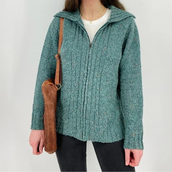 vintage turquoise speckled zip up knit cardigan sweater M - Picture 1 of 5
